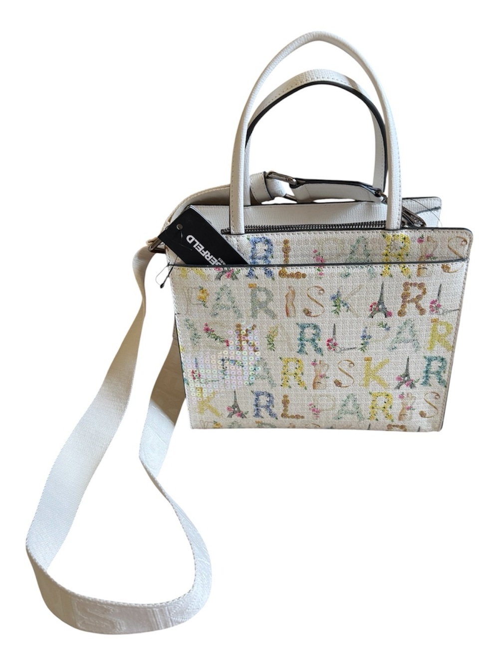 Karl Lagerfeld Off White Leather Paris Sequins Crossbody Satchel